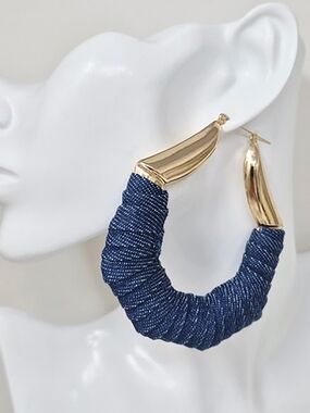 Gold Blue Denim Fabric Wrapped Abstract Bamboo Doorknocker Hoop Earrings Cute